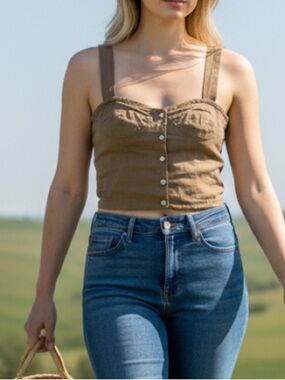 Elsa Esturgie Linen Blend Bustier Crop Top Tan Button Front 36
